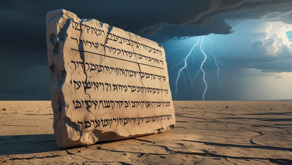 A cracked stone tablet with ancient Hebrew script, casting a long shadow over a barren land. The background shows a split sky—half stormy, half calm—symbolizing judgment and redemption